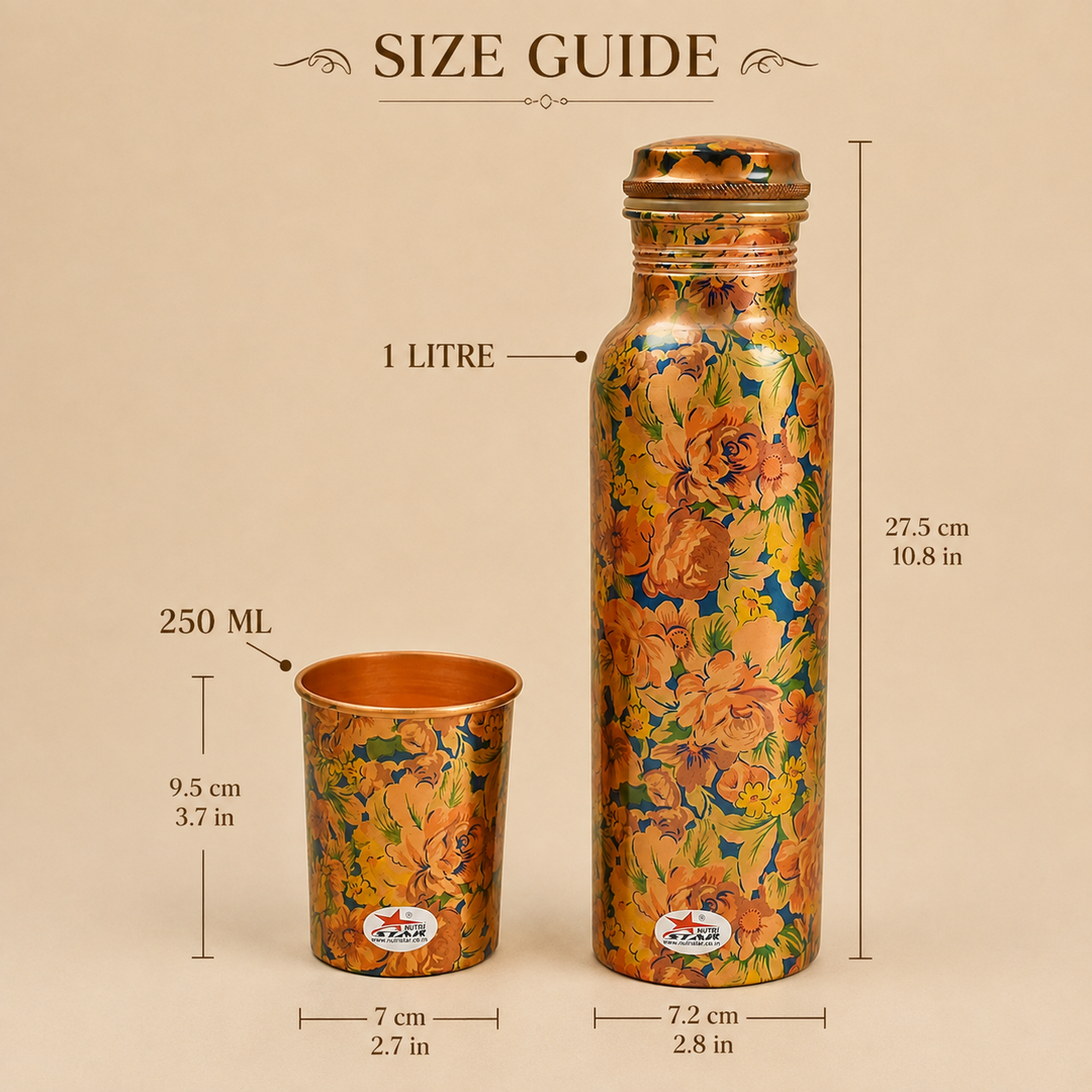 Nutristar designer floral copper water bottle and matching drinking glass set