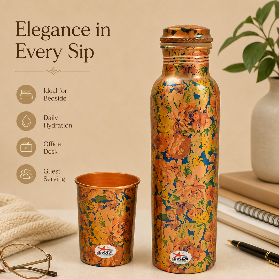 Nutristar designer floral copper water bottle and matching drinking glass set