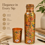 Nutristar designer floral copper water bottle and matching drinking glass set