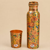 Nutristar designer floral copper water bottle and matching drinking glass set