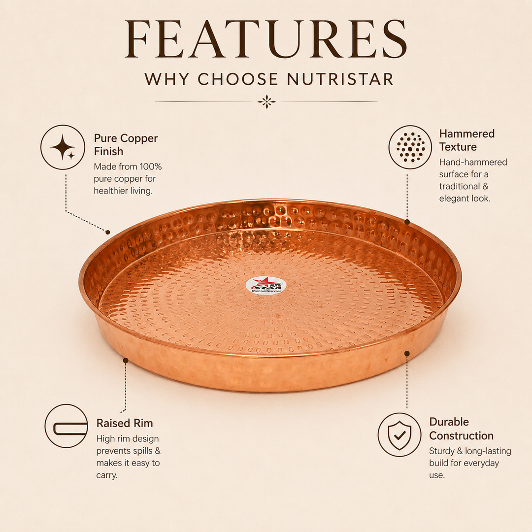 Copper serving plate with hammered texture raised rim and durable construction