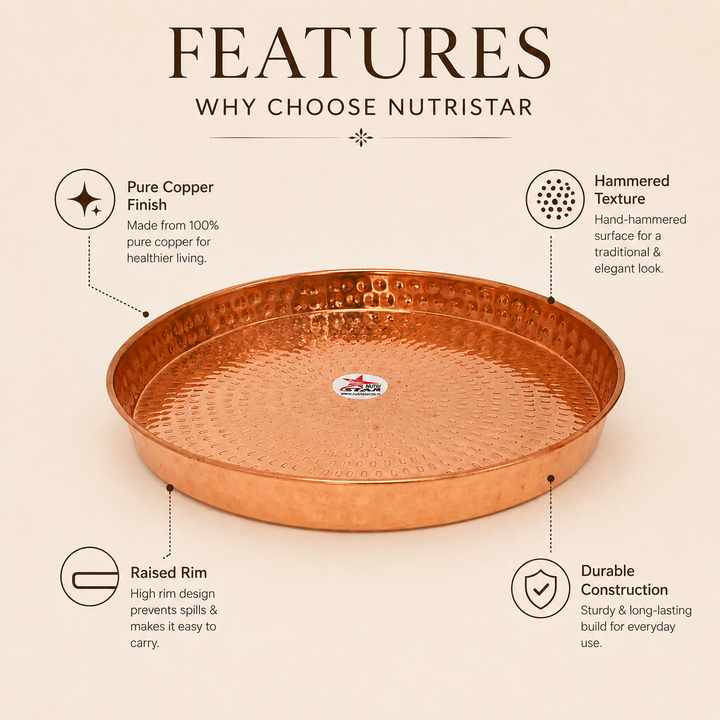 Copper serving plate with hammered texture raised rim and durable construction