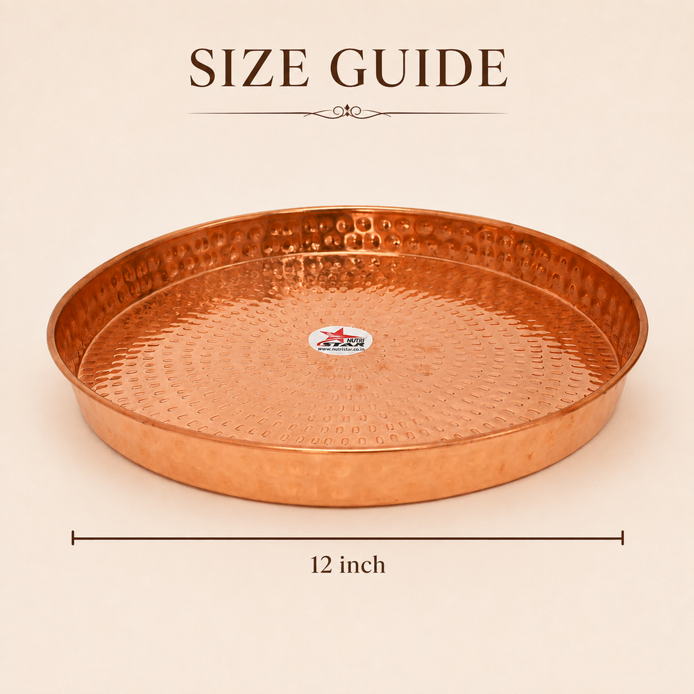 Copper serving plate with hammered texture raised rim and durable construction