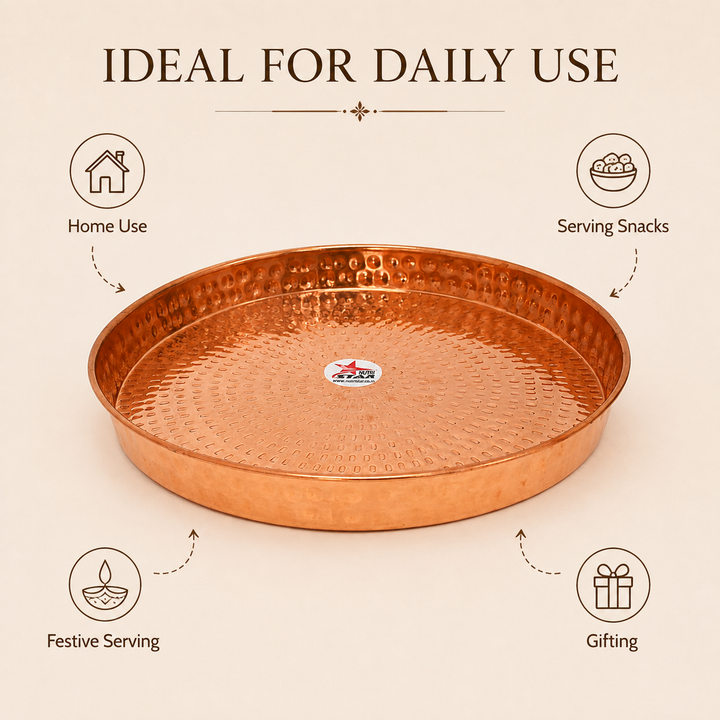 Copper serving plate with hammered texture raised rim and durable construction