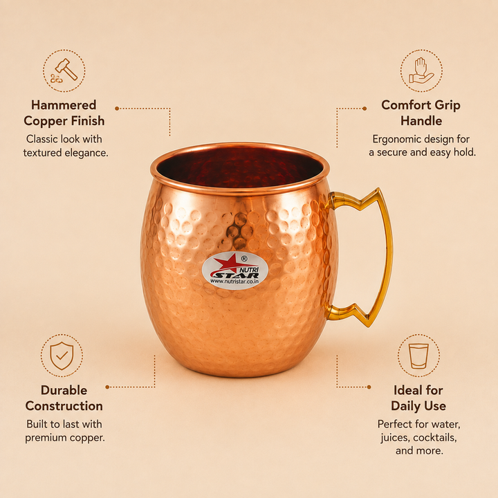 Nutristar hammered copper Moscow Mule mugs 500 ml set of 5 with gold tone handles