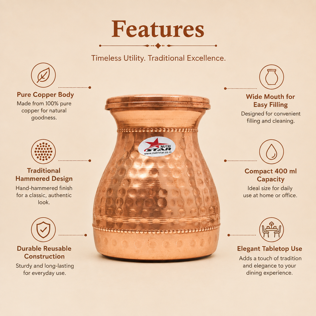 Nutristar copper water carafe with leak-proof threaded cap and hammered finish