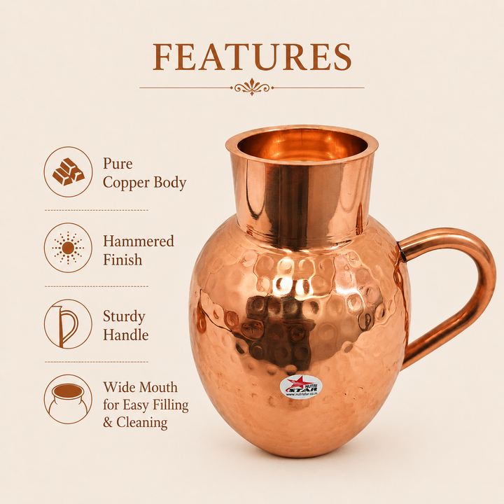 Nutristar hammered copper water jug with curved handle 1.5 litre