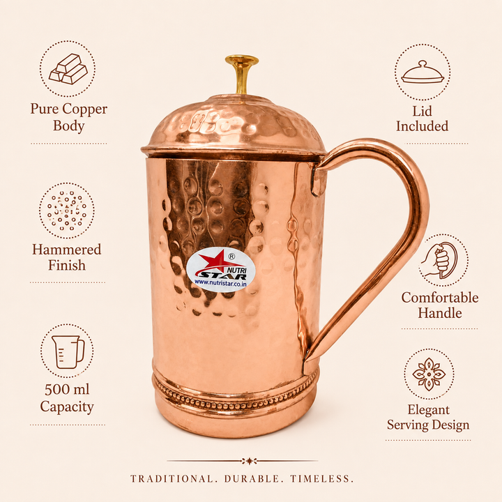 Nutristar hammered copper water jug with lid curved handle and golden knob