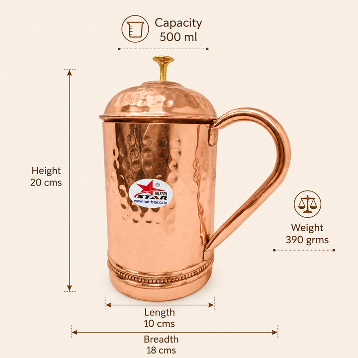 Nutristar hammered copper water jug with lid curved handle and golden knob