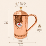 Nutristar hammered copper water jug with lid curved handle and golden knob