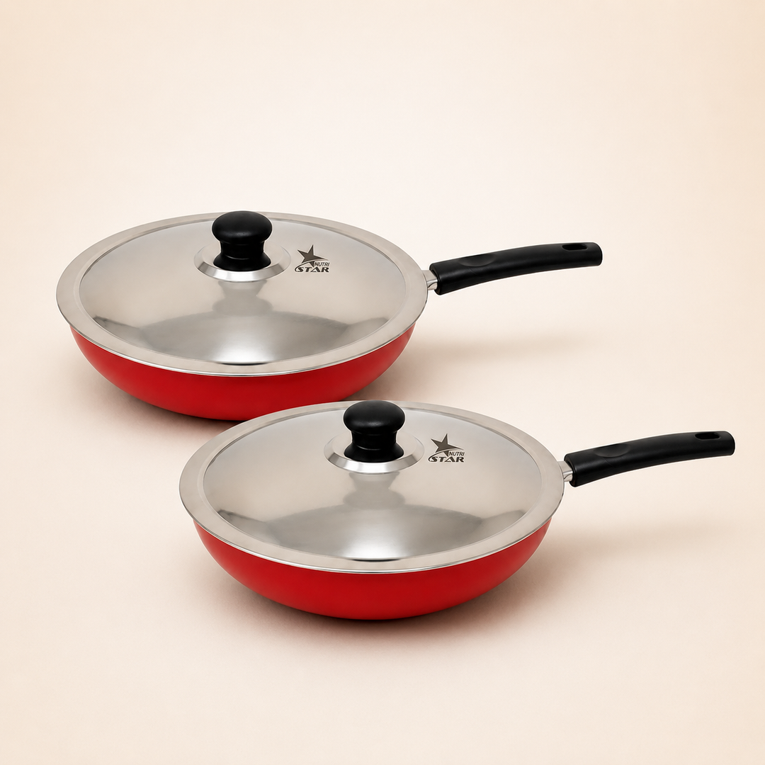 Non Stick Fry Pan with Handle and Stainless Steel Lid, Thickness - 2.6 MM. pack of 2