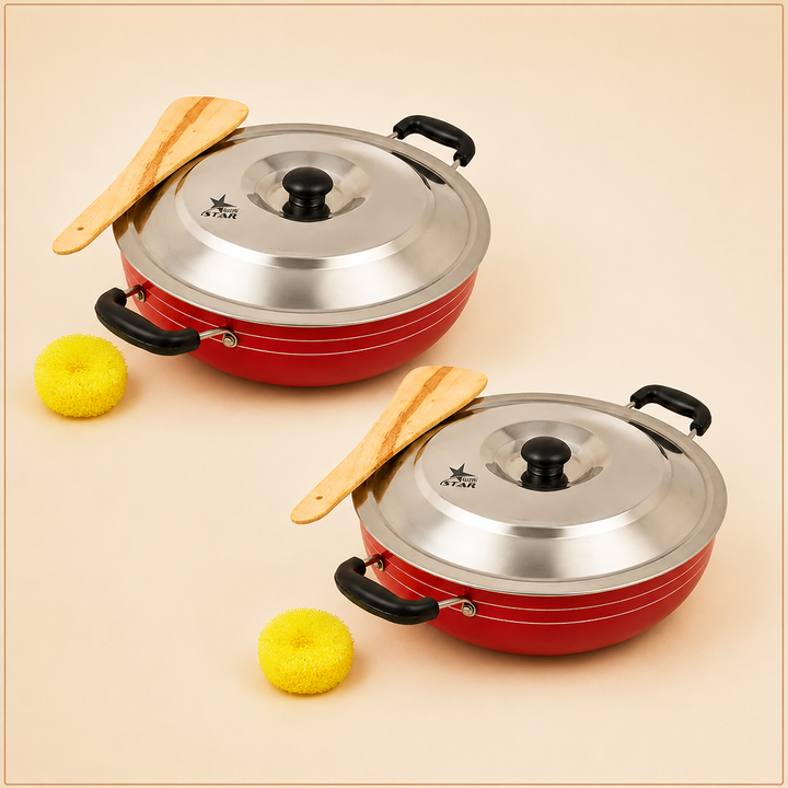 Non Stick Kadai/Pan with Handles, wooden turner, and Lid, Deep Fry Pan (pack of 2)
