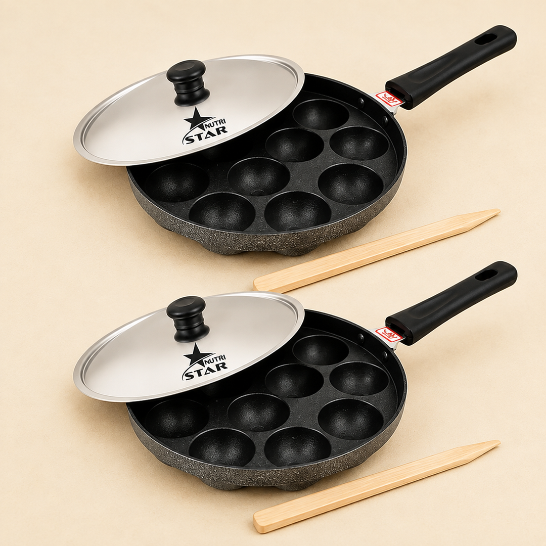 Non Stick Ponganalu Pan with Stainless Steel Lid, 12 Cups Pan (pack of 2).