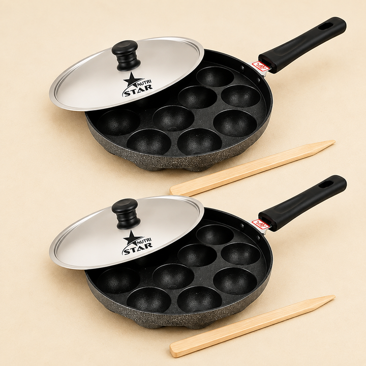 Non Stick Ponganalu Pan with Stainless Steel Lid, 12 Cups Pan (pack of 2).