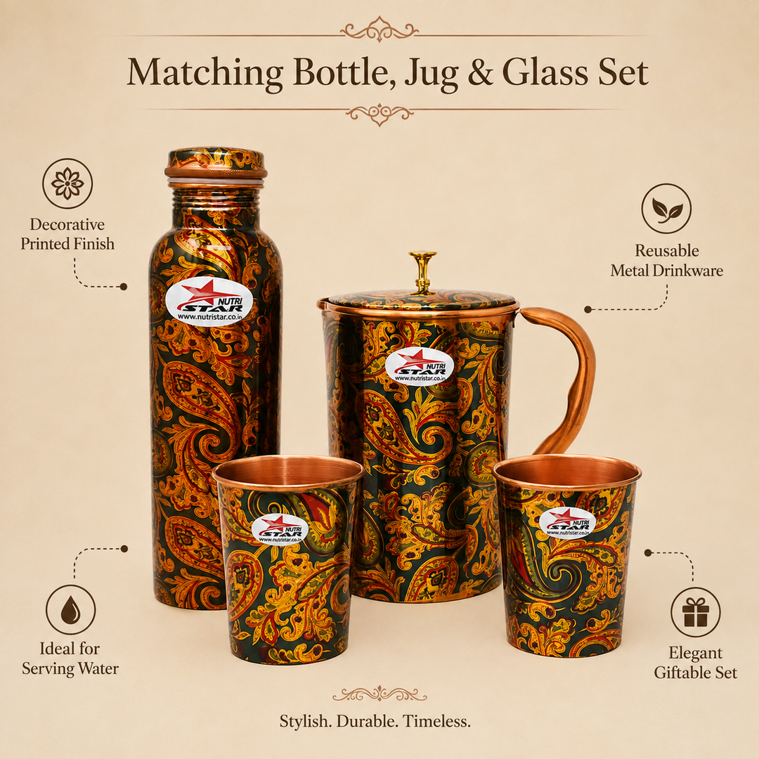 Nutristar designer printed copper bottle jug and two glass drinkware set