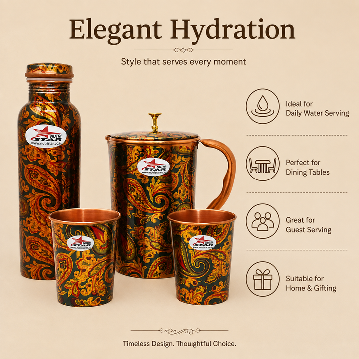Nutristar designer printed copper bottle jug and two glass drinkware set