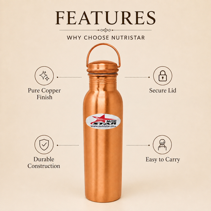 Pure copper water bottle with secure lid durable body and carry handle