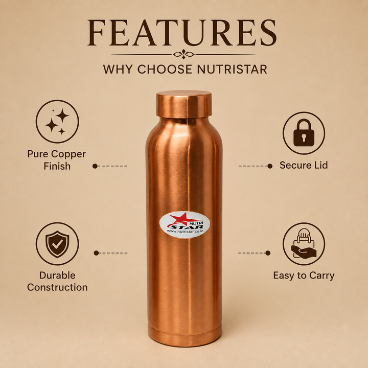 Pure copper water bottle with secure lid and durable construction