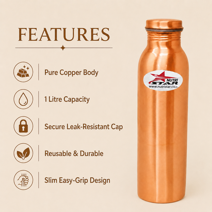 Nutristar pure copper water bottles with smooth polished finish and caps