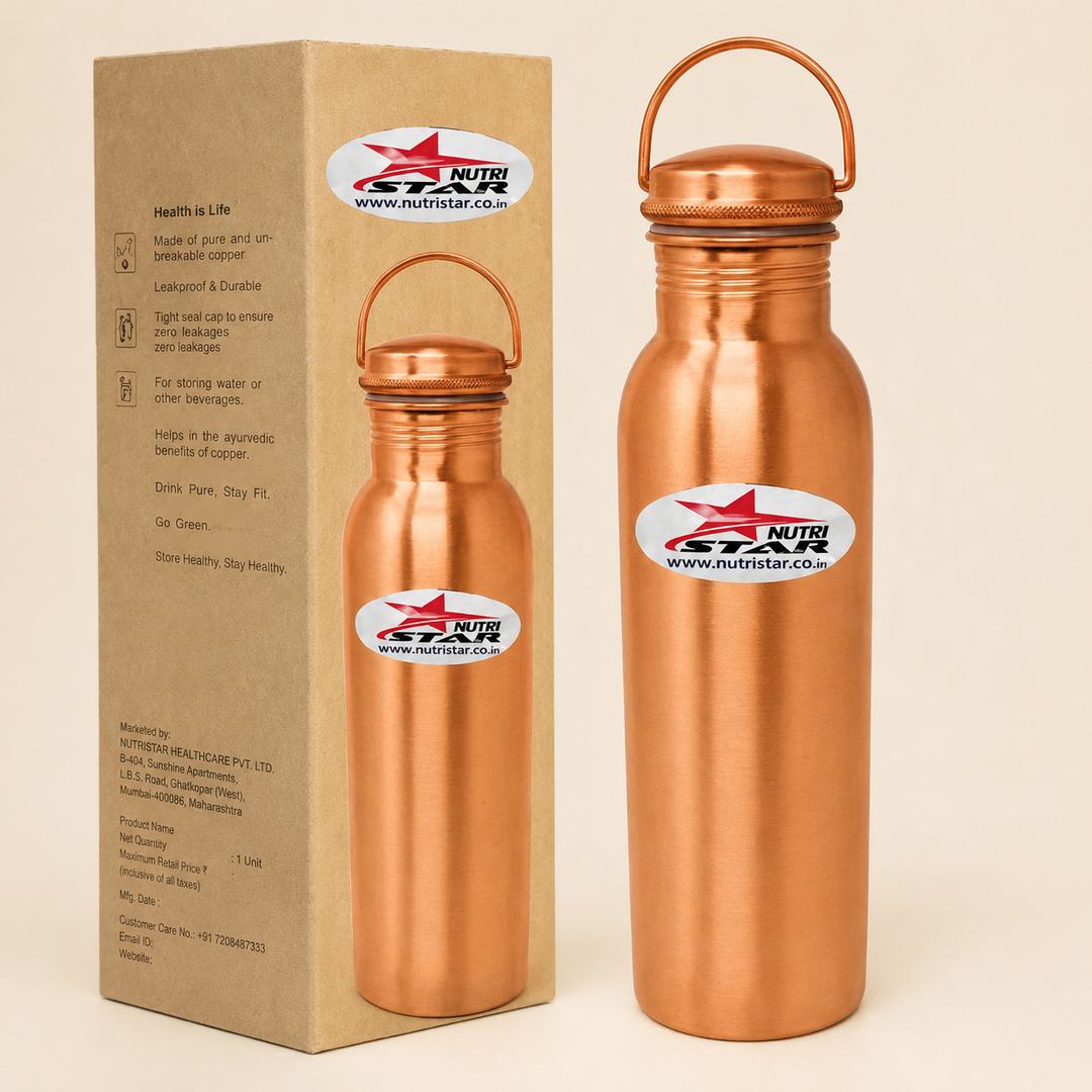 Pure copper water bottle with secure lid durable body and carry handle