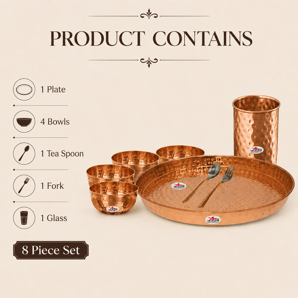 Pure copper dinner set with hammered texture and elegant traditional design