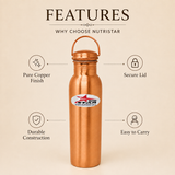Pure copper water bottle with secure lid durable body and carry handle