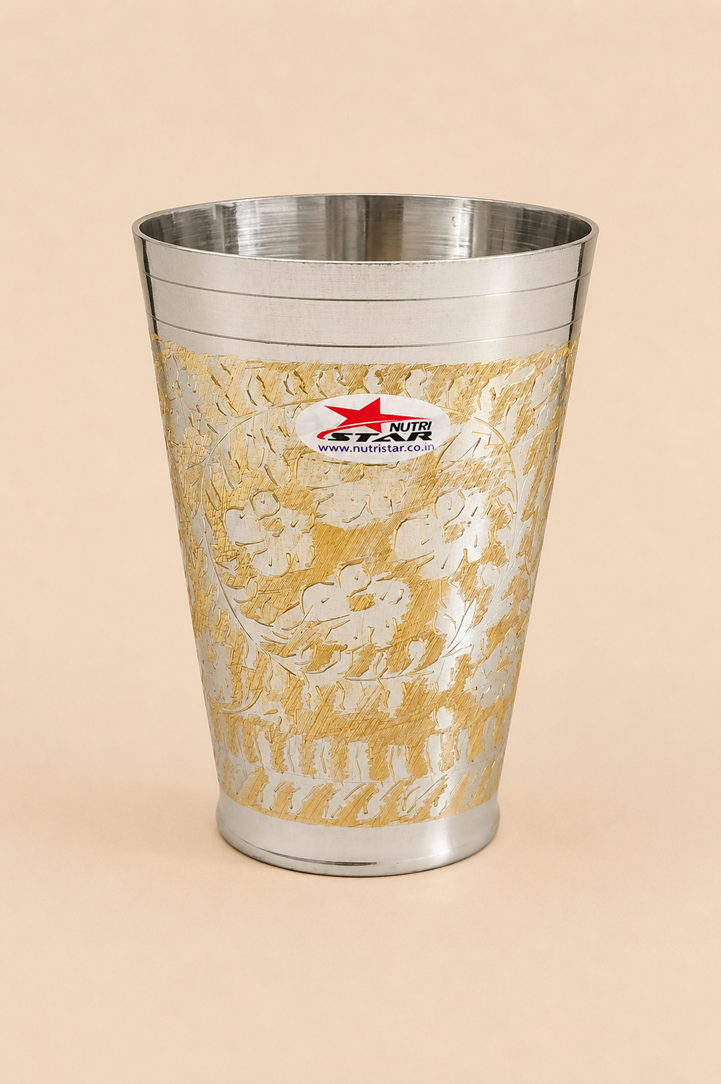 Nutristar decorative silver-tone drinking glass with gold floral engraving and tall tapered design