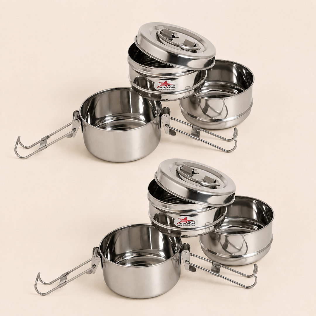 Nutristar stainless steel 3 tier tiffin lunch box with lid and folding handles