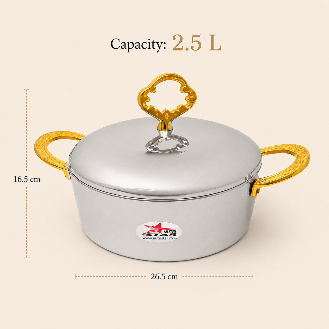 Nutristar stainless steel casserole with lid and gold tone handles