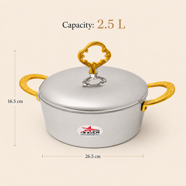 Nutristar stainless steel casserole with lid and gold tone handles