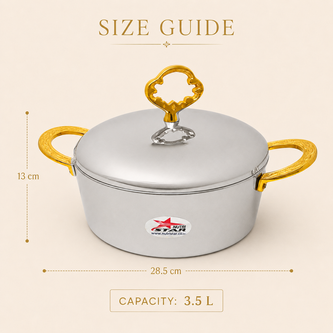 Nutristar stainless steel casserole with lid and gold tone handles