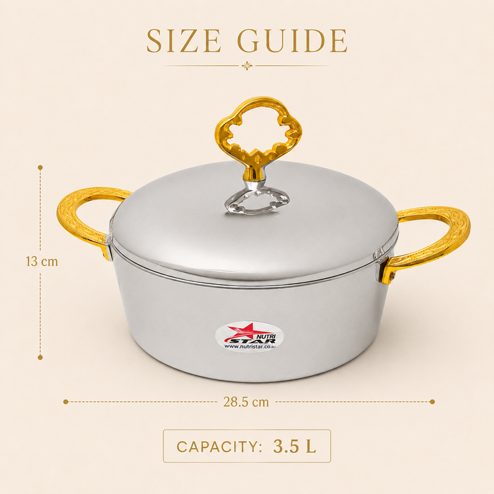 Nutristar stainless steel casserole with lid and gold tone handles