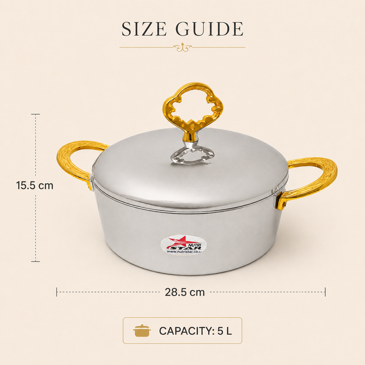 Nutristar stainless steel casserole with lid and gold tone handles