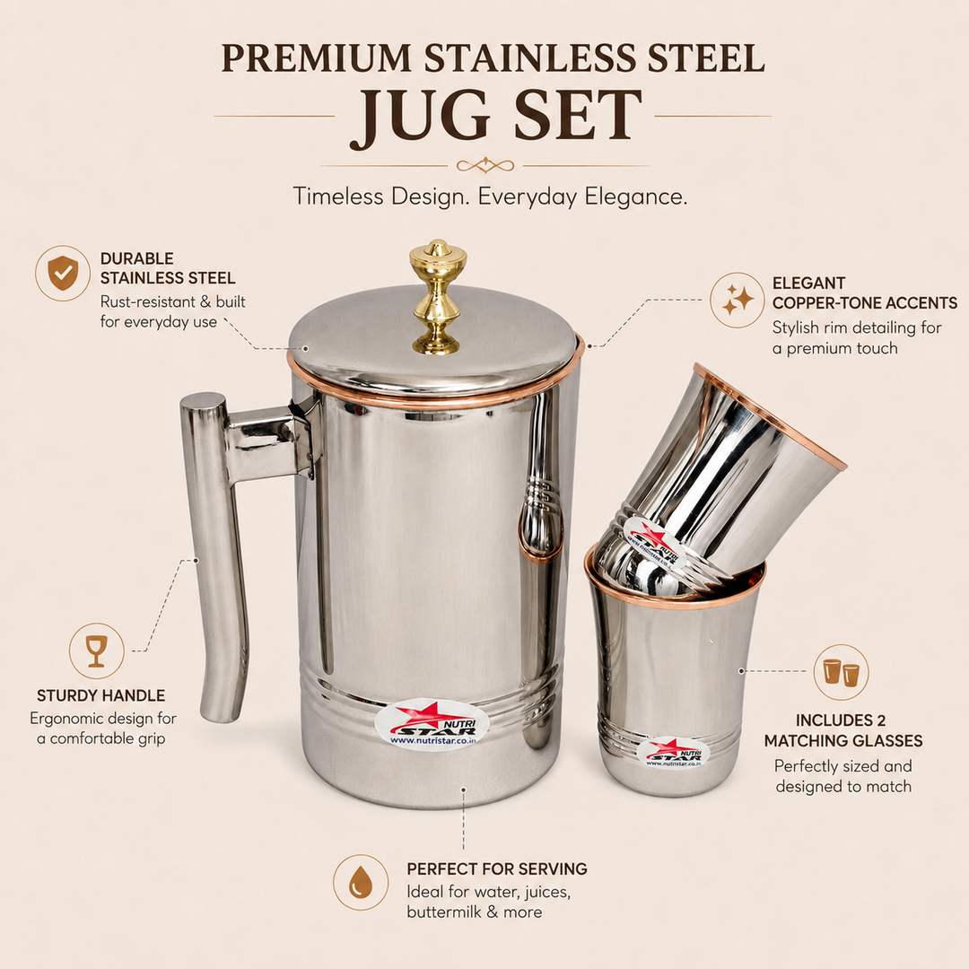 Nutristar stainless steel water jug with lid and two matching glasses with copper accents
