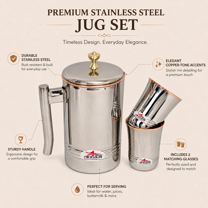 Nutristar stainless steel water jug with lid and two matching glasses with copper accents
