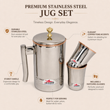 Nutristar stainless steel water jug with lid and two matching glasses with copper accents