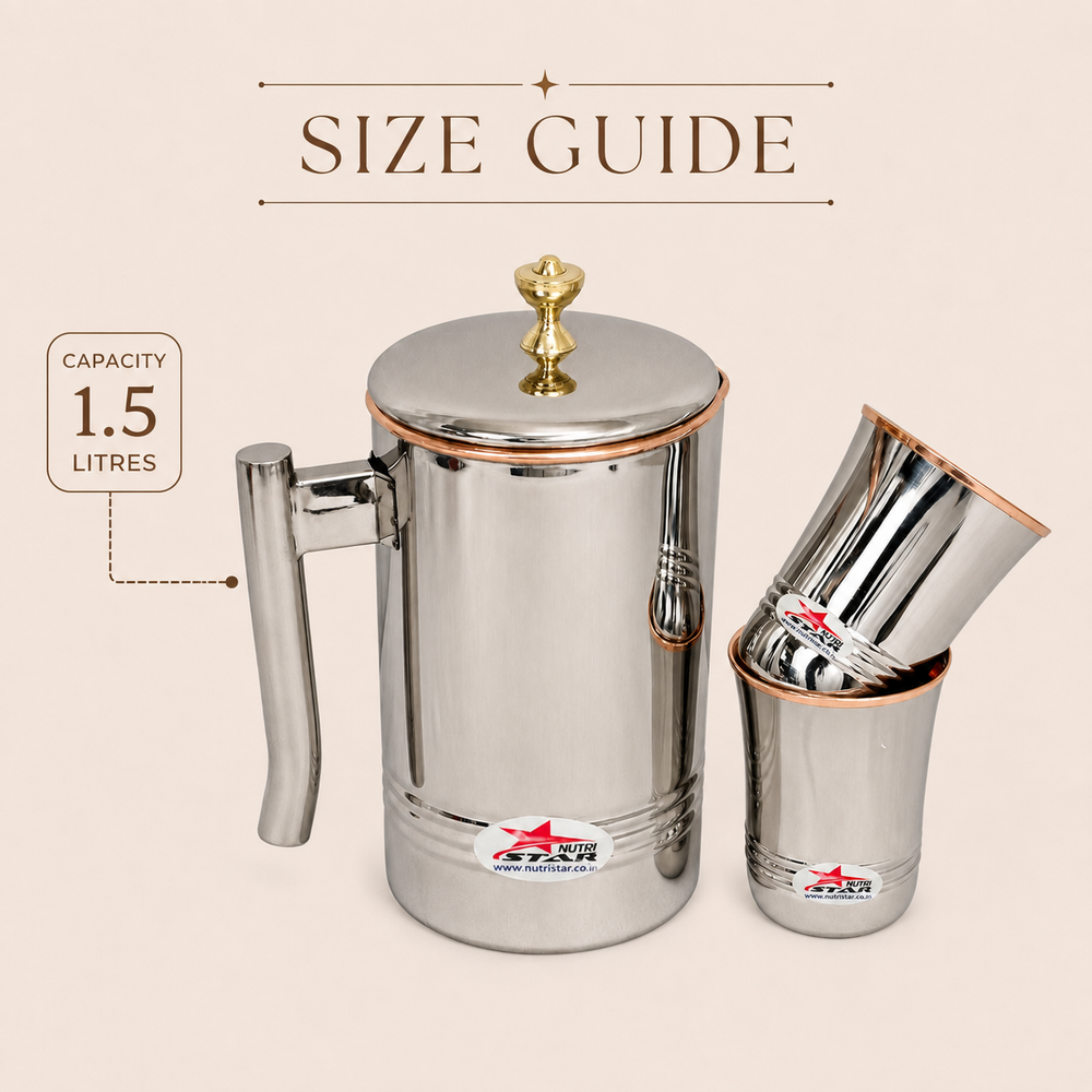 Nutristar stainless steel water jug with lid and two matching glasses with copper accents
