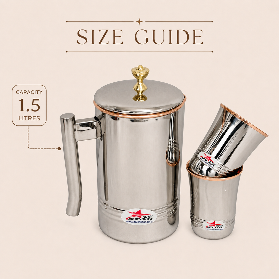 Nutristar stainless steel water jug with lid and two matching glasses with copper accents