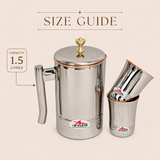 Nutristar stainless steel water jug with lid and two matching glasses with copper accents