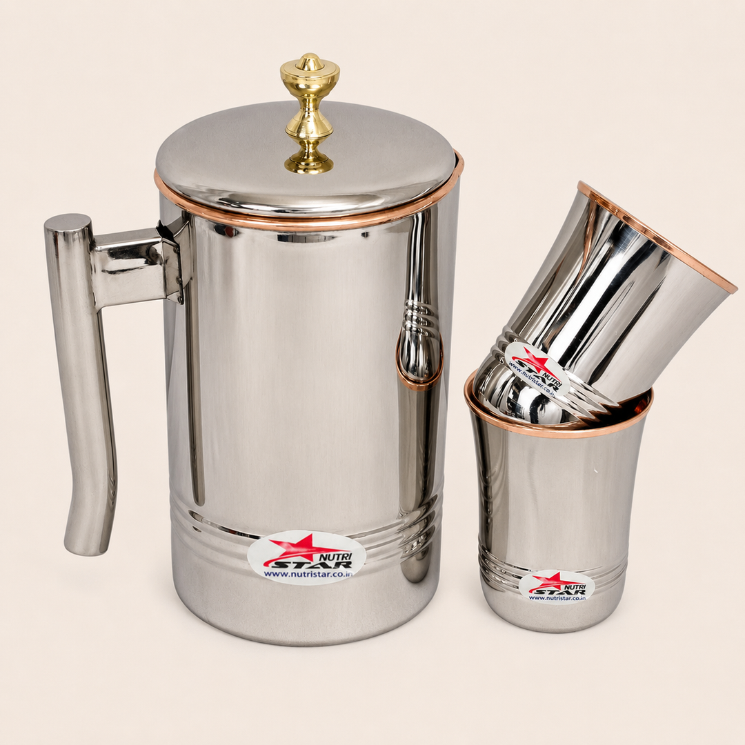 Nutristar stainless steel water jug with lid and two matching glasses with copper accents