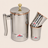 Nutristar stainless steel water jug with lid and two matching glasses with copper accents