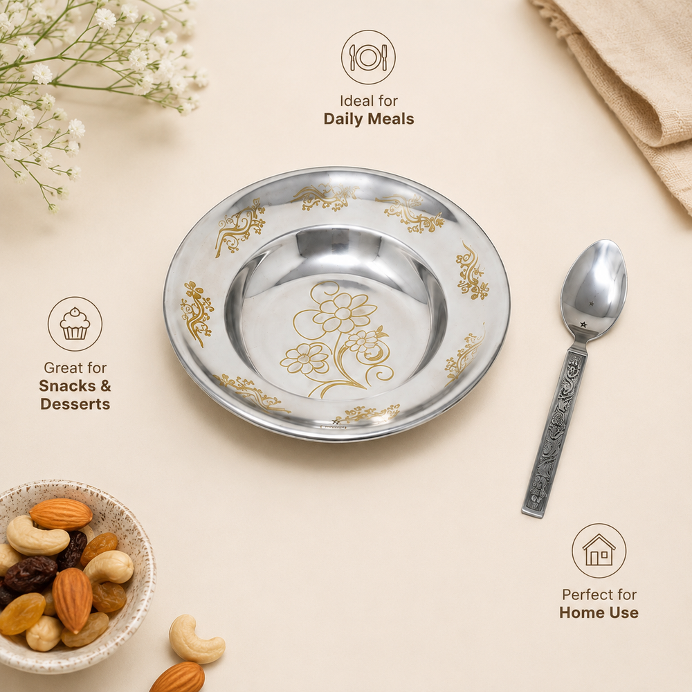 Nutristar stainless steel floral plate and spoon set with gold design