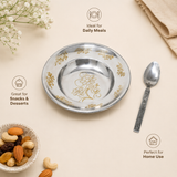 Nutristar stainless steel floral plate and spoon set with gold design