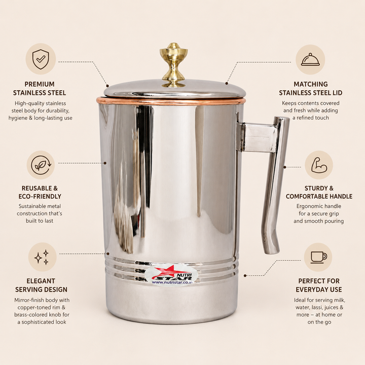 Nutristar stainless steel water jug with lid copper rim and sturdy handle