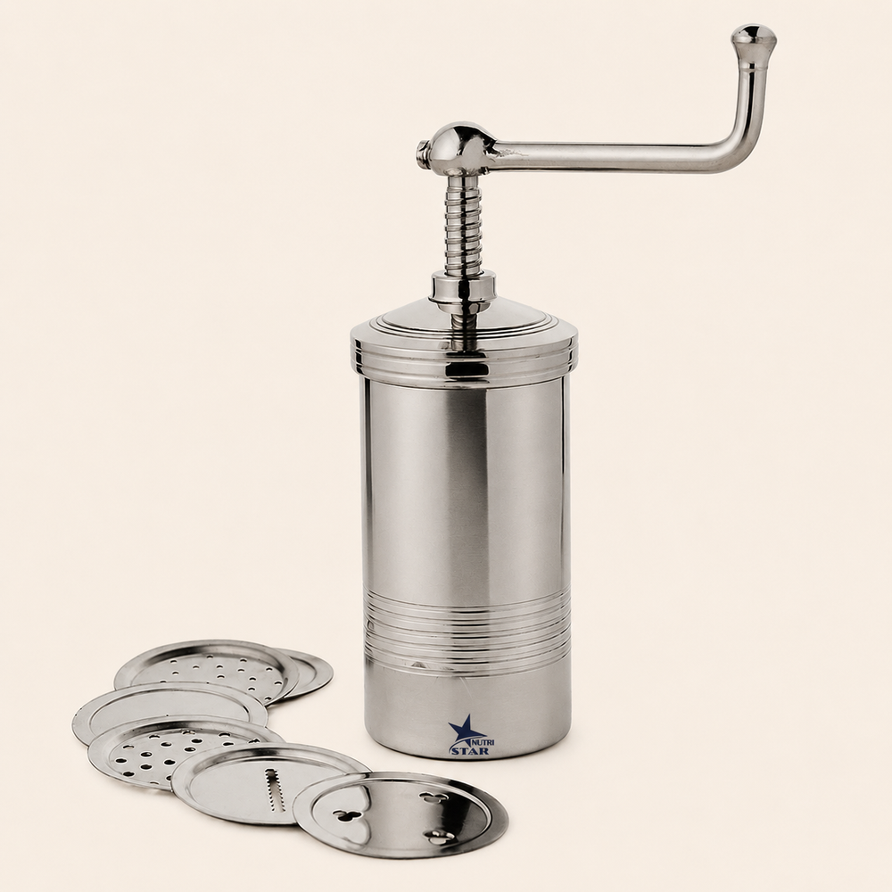 Nutristar stainless steel sev sancha and chakli maker with interchangeable jali discs and manual screw handle
