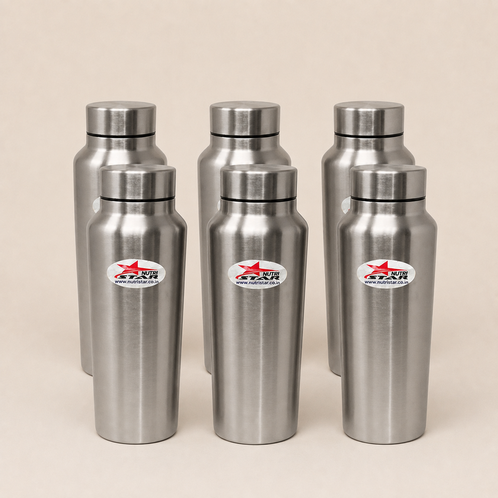 Nutristar 1 litre stainless steel water bottle with brushed finish and screw-style cap