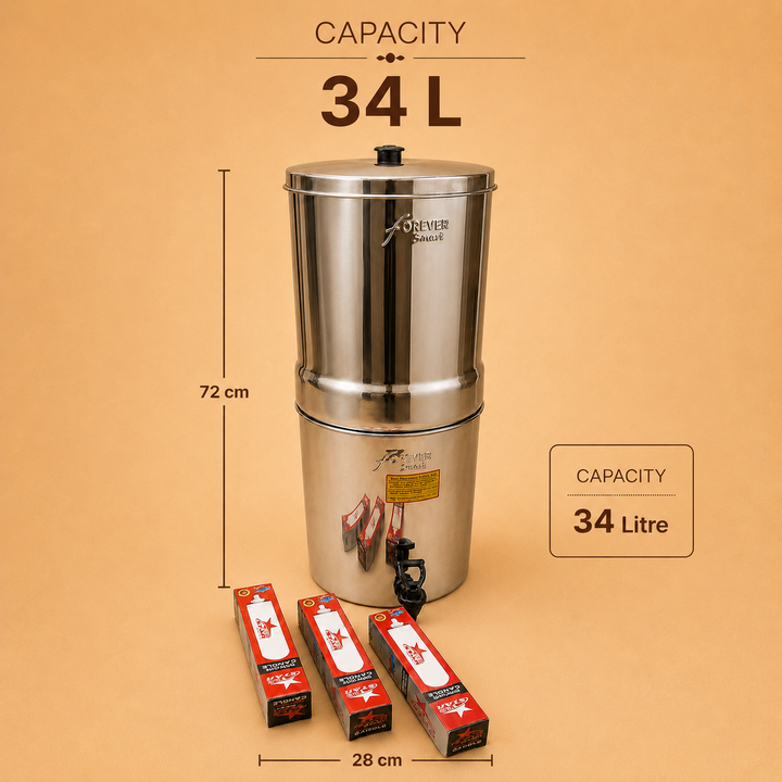 Nutristar stainless steel gravity water filter with tap and upper filtration chamber 34L