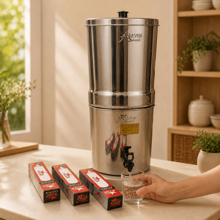 Nutristar stainless steel gravity water filter with tap and upper filtration chamber usage