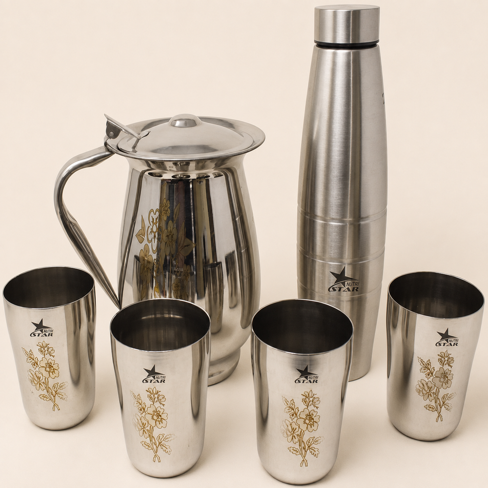 Nutristar stainless steel water serving set with jug bottle and 4 glasses