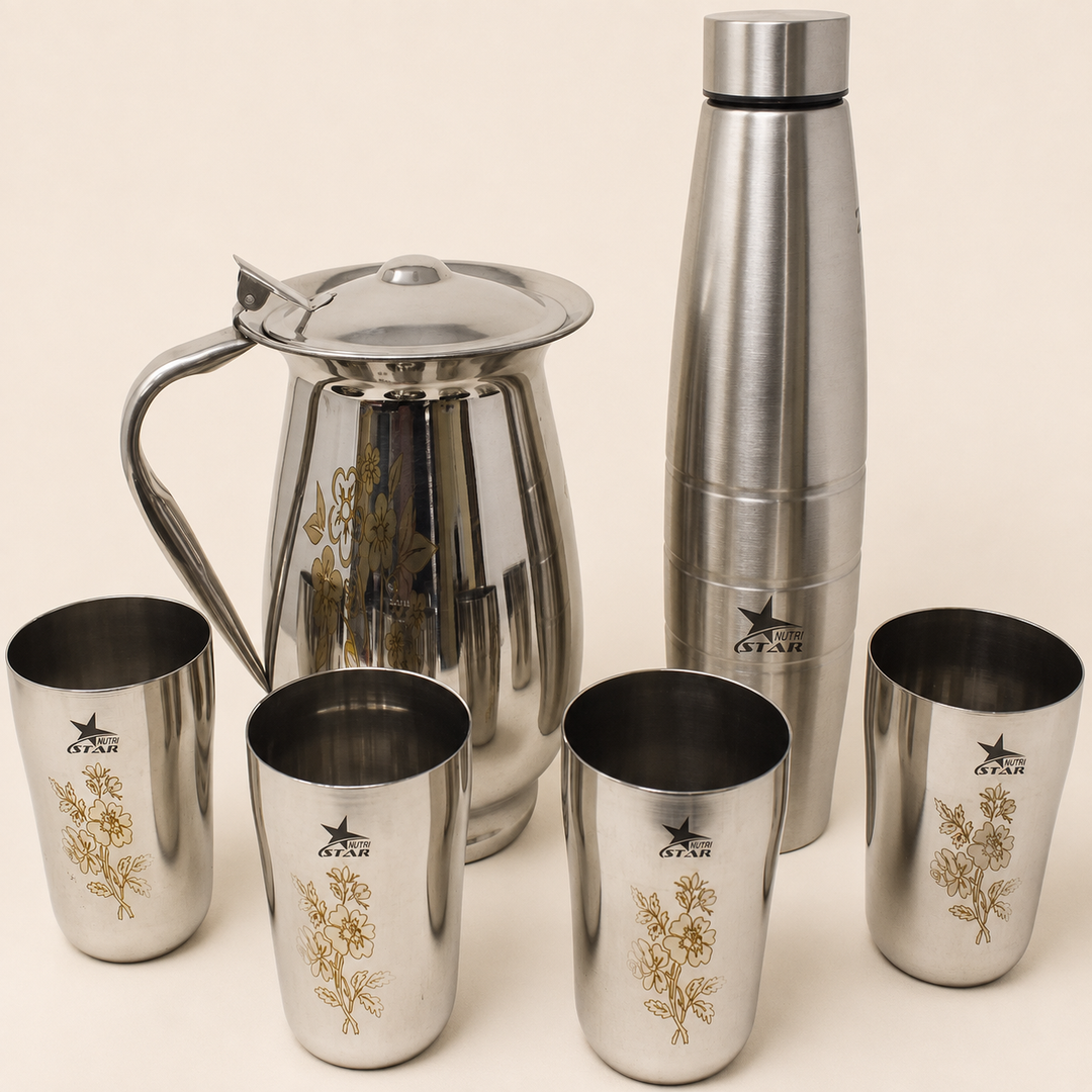 Nutristar stainless steel water serving set with jug bottle and 4 glasses